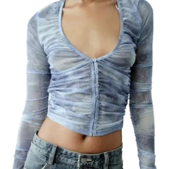 New Zara Blue Ruched Plunge Button Down crop Blouse ruched bodice and sleeves L - Picture 1 of 11